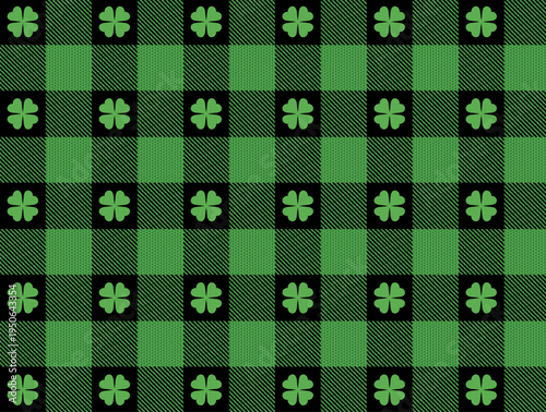 Green Plaid Seamless Repeating Pattern Swatch with Four-Leaf Clover Shamrock Vector St. Patrick's Day Theme