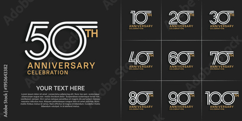 Anniversary logo style double line number set. white and brown color on black background for celebration event