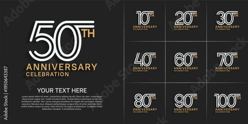 Anniversary logo style double line number set. white and brown color on black background for celebration event