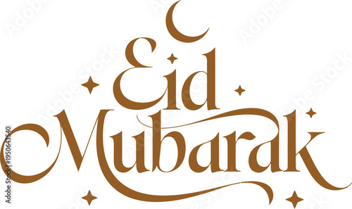 Eid mubarak greeting card with brown text and crescent moon