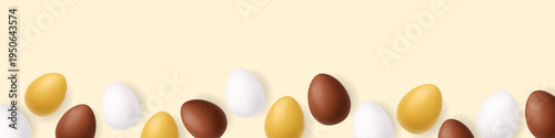 Horizontal border of gold, brown and white Easter eggs. 3D festive background design