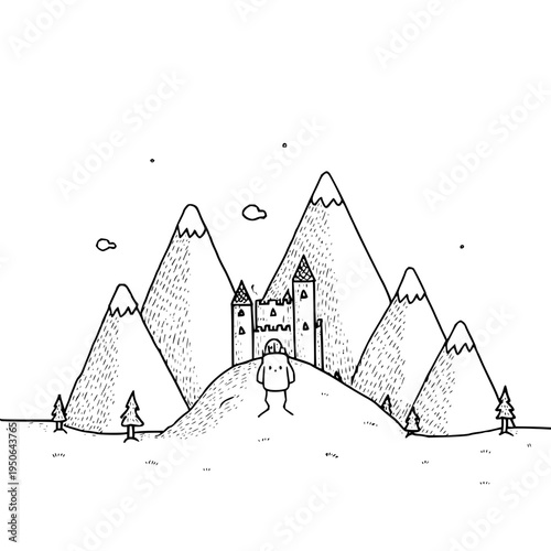 Man standing in front of castle on mountain