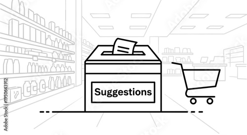 Shopping cart next to suggestion box.