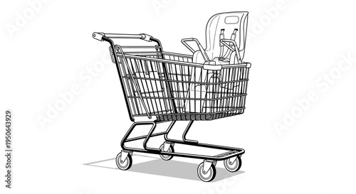 Shopping cart with baby seat inside.