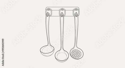 Three metal kitchen spoons hanging.