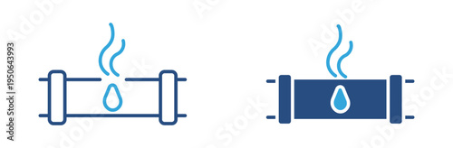 Water pipe leak icon set. Plumbing pipe with dripping water icon, pipeline repair and plumbing problem concept. Vector illustration.
