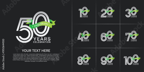 Anniversary logo style double line number set. silver color with green ribbon for celebration event