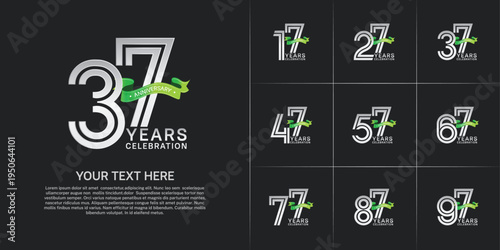 Anniversary logo style double line number set. silver color with green ribbon for celebration event