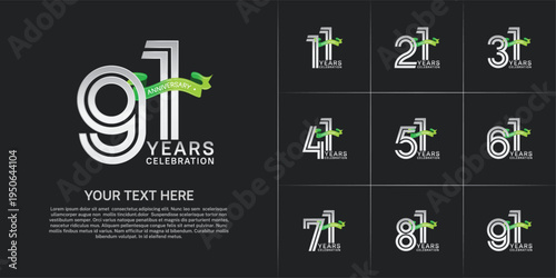 Anniversary logo style double line number set. silver color with green ribbon for celebration event