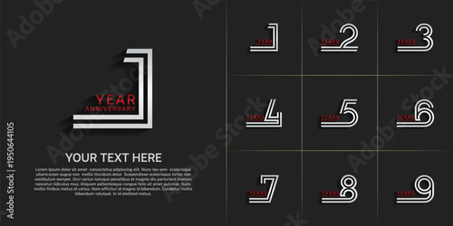 Anniversary logo style double line number set. white and red color on black background for celebration event