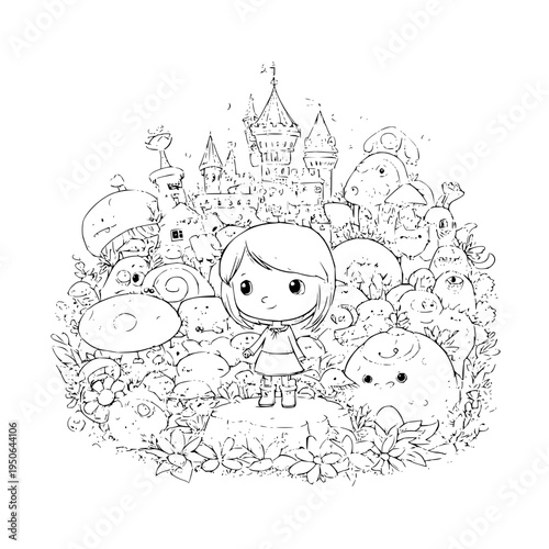 Little Girl Surrounded by Monsters in Front of Castle