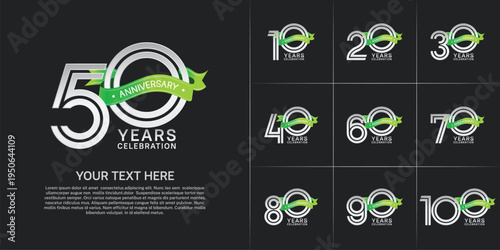 Anniversary logo style double line number set. silver color with green ribbon for celebration event