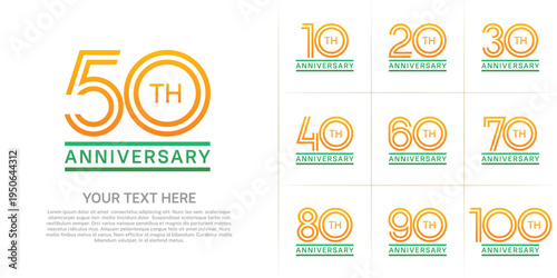Anniversary logo style double line number set. orange and green color on white background for celebration event
