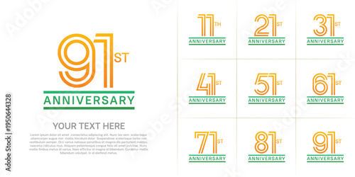 Anniversary logo style double line number set. orange and green color on white background for celebration event