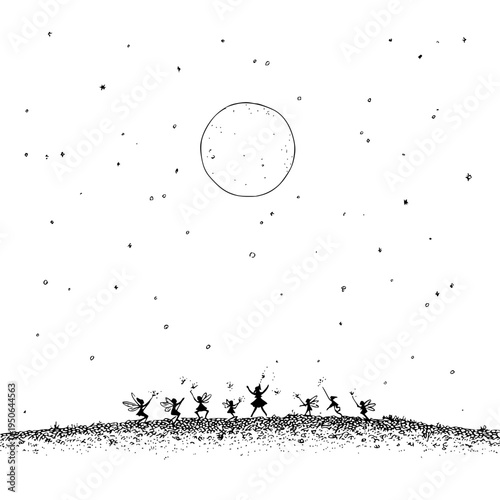 People Dancing Under Starry Night Sky with Full Moon