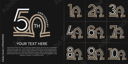 Anniversary logo style double line number set. white and brown color on black background for celebration event