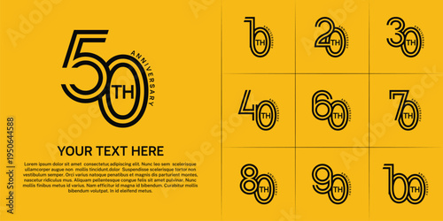 Anniversary logo style double line number set. black color on yellow background for celebration event