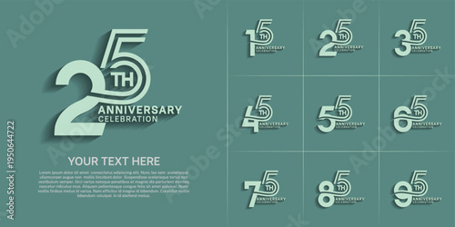 Anniversary logo style double line number set. green color on green background for celebration event