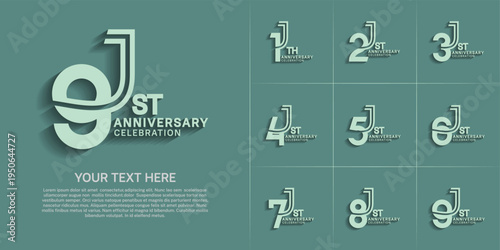 Anniversary logo style double line number set. green color on green background for celebration event