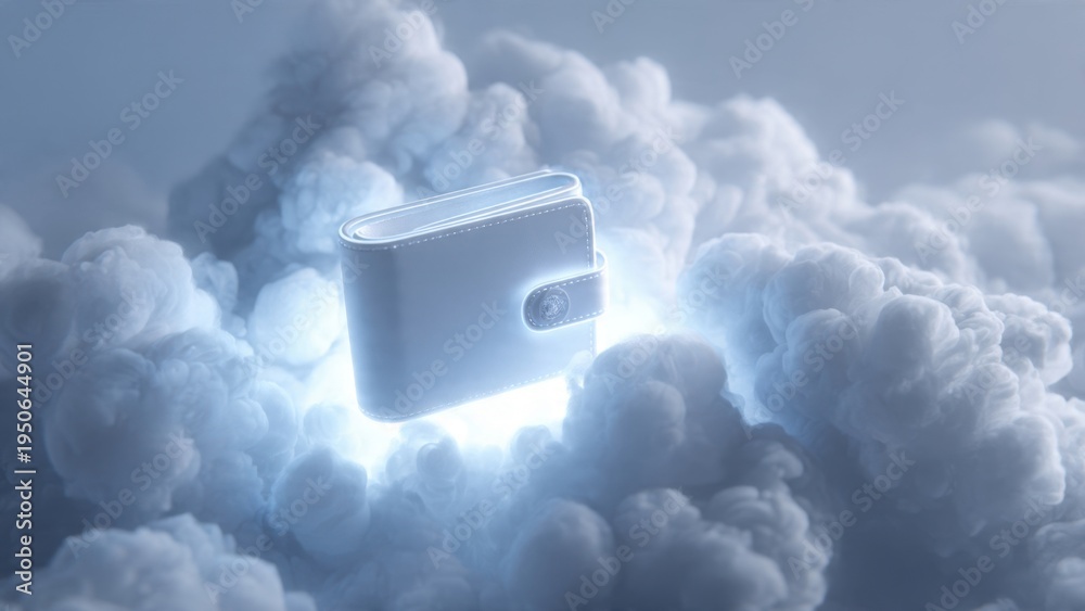 Naklejka premium Digital Wallet Floating in Glowing Clouds: Cloud Banking Concept
