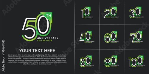 Anniversary logo type set with double line number. white and green color for celebration event