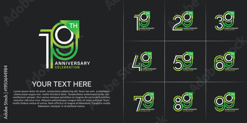 Anniversary logo type set with double line number. white and green color for celebration event