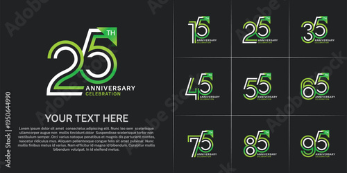 Anniversary logo type set with double line number. white and green color for celebration event