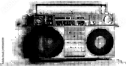 Retro boombox stereo cassette player in black and white halftone art style
