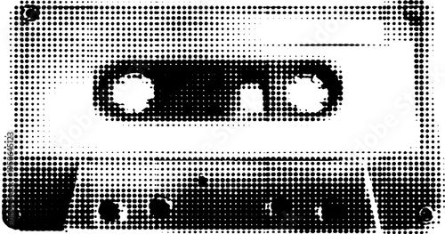 Retro cassette tape in black and white halftone design for vintage audio theme