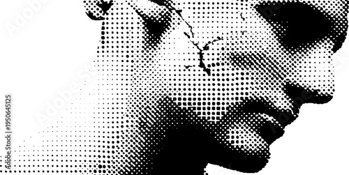 Classical marble statue with cracked forehead in halftone dotwork style