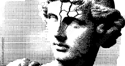 Cracked marble bust in halftone style with vintage pointillism effect for artistic designs