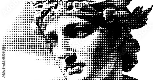 Classical marble statue bust with laurel wreath in halftone effect design for art projects