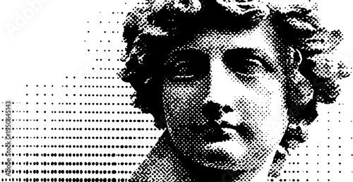 Classical marble statue fragment with curly hair in vintage halftone effect