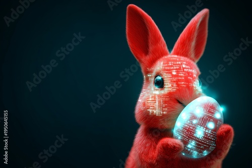 Joyful easter whimsy with a playful red bunny and decorated egg. Performance metrics. Charming easter story: lively red bunny and pastel background harmony. Investment strategy.