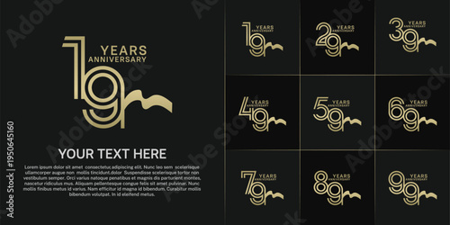 Anniversary logo type set with double line number. gold color and ribbon for celebration event
