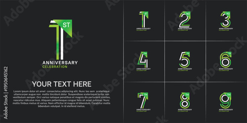 Anniversary logo type set with double line number. white and green color for celebration event