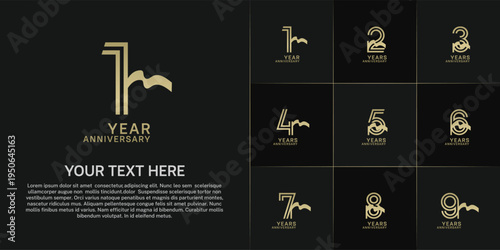 Anniversary logo type set with double line number. gold color and ribbon for celebration event