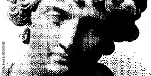 Classical marble bust with curly hair in halftone effect - black and white art concept