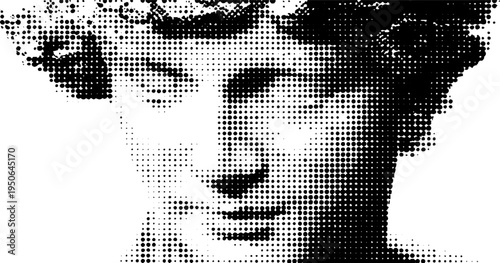 Classical marble statue bust in black and white halftone dotwork style