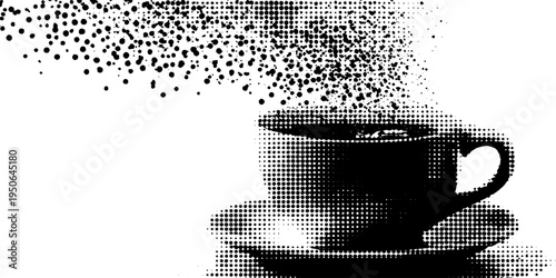 Steaming coffee mug in black and white halftone dotwork for retro design