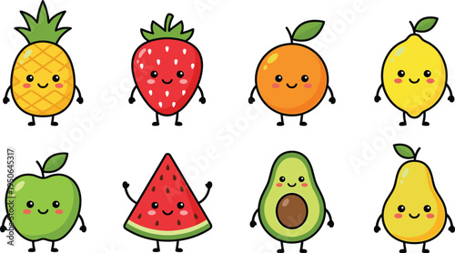 Cute kawaii fruit characters set, pineapple strawberry orange lemon apple watermelon avocado pear, smiling cartoon mascot vector illustration isolated collection
