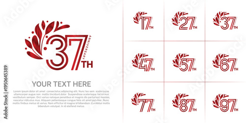 Anniversary logo type set with double line number and floral ornament. red color for celebration event