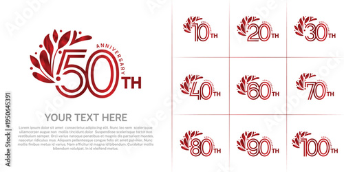 Anniversary logo type set with double line number and floral ornament. red color for celebration event