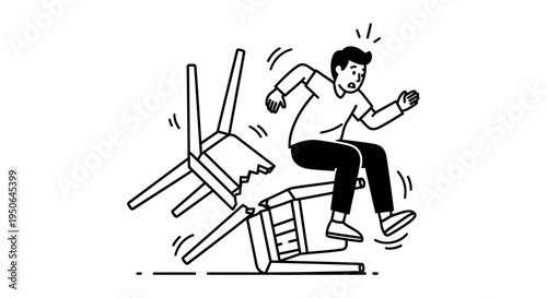 man running away from falling chair