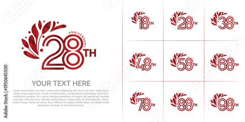 Anniversary logo type set with double line number and floral ornament. red color for celebration event
