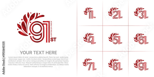Anniversary logo type set with double line number and floral ornament. red color for celebration event