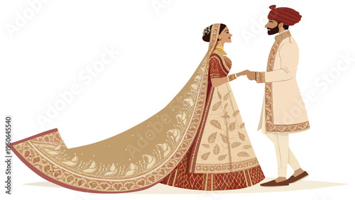 Traditional Indian Wedding Couple Vector Illustration, Bride in Lehengha and Groom in Sherwani with Turban, South Asian Marriage Design