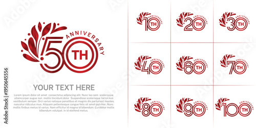 Anniversary logo type set with double line number and floral ornament. red color for celebration event