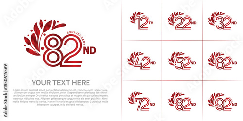 Anniversary logo type set with double line number and floral ornament. red color for celebration event