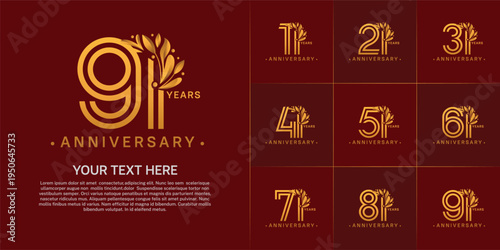 Anniversary logo type set with double line number and floral ornament. golden color for celebration event